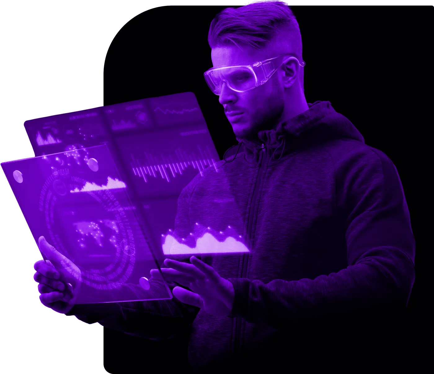 Especialista analizando datos en una pantalla holográfica