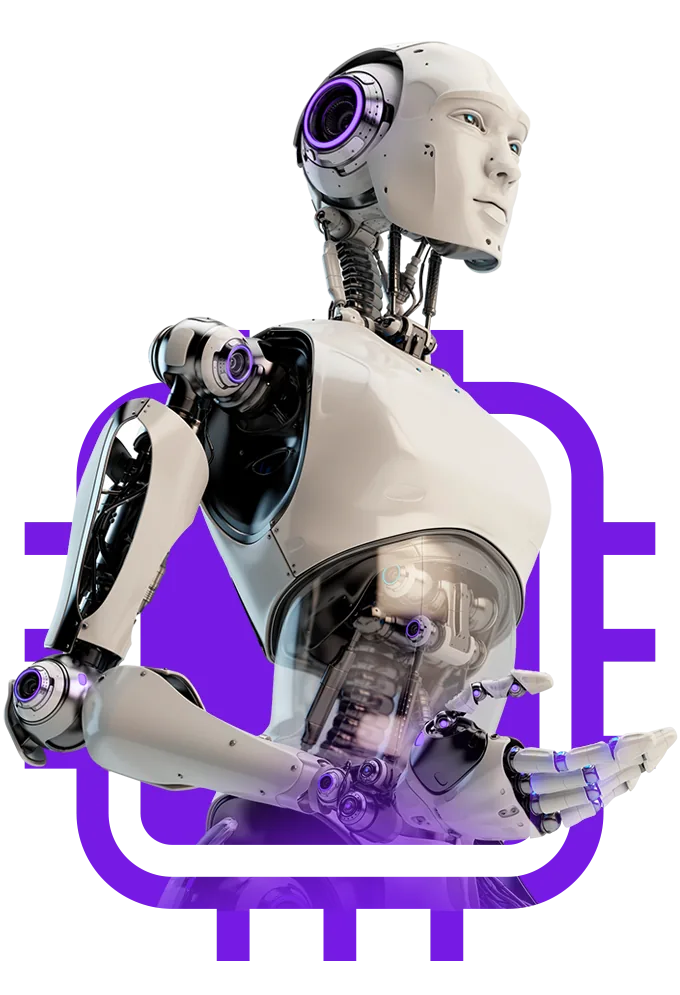 Robot humanoide sobre un ícono de chip de inteligencia artificial