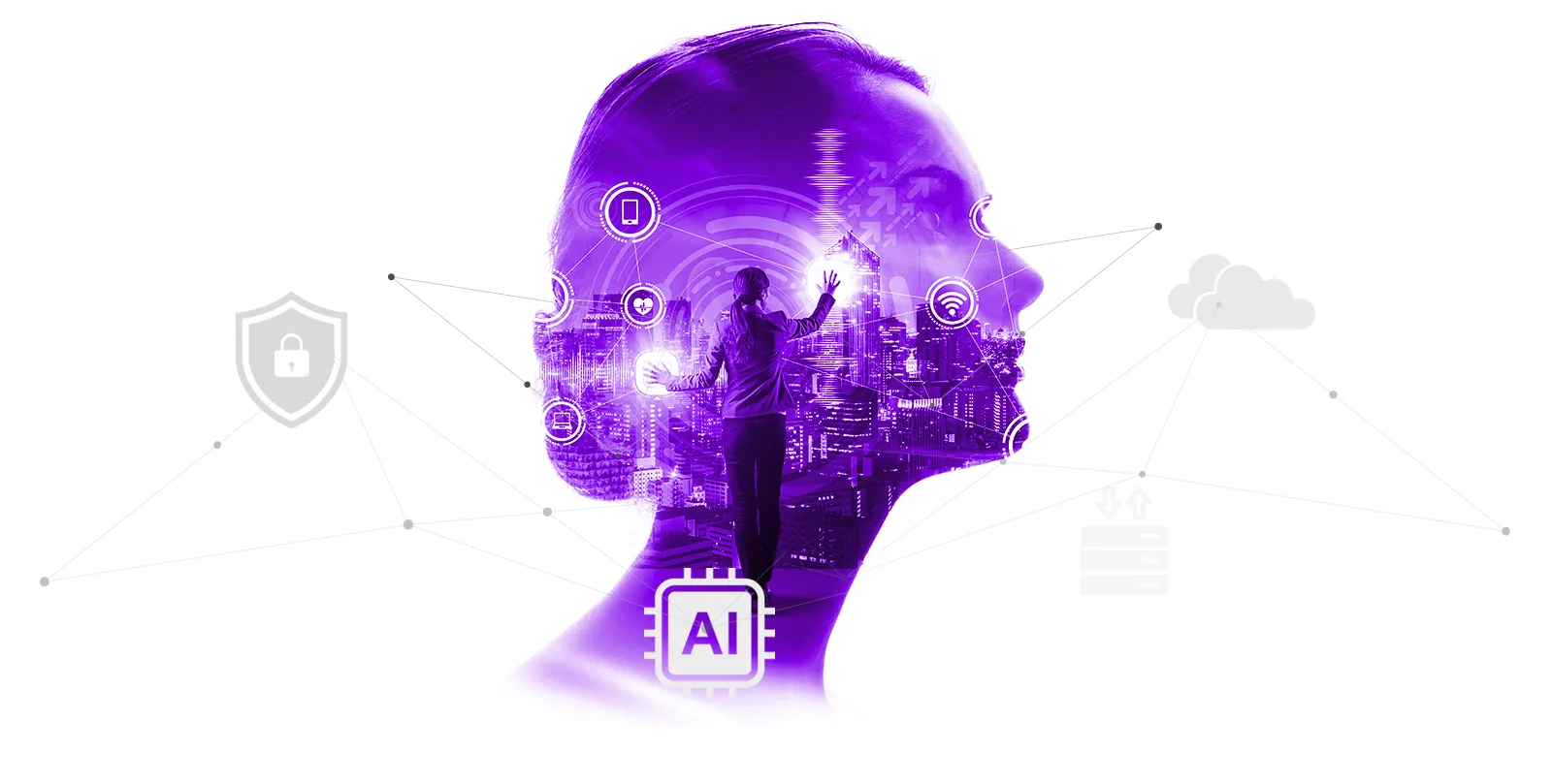 Silueta de una persona con ciudad y conexiones digitales, rodeada de íconos de seguridad, nube e inteligencia artificial