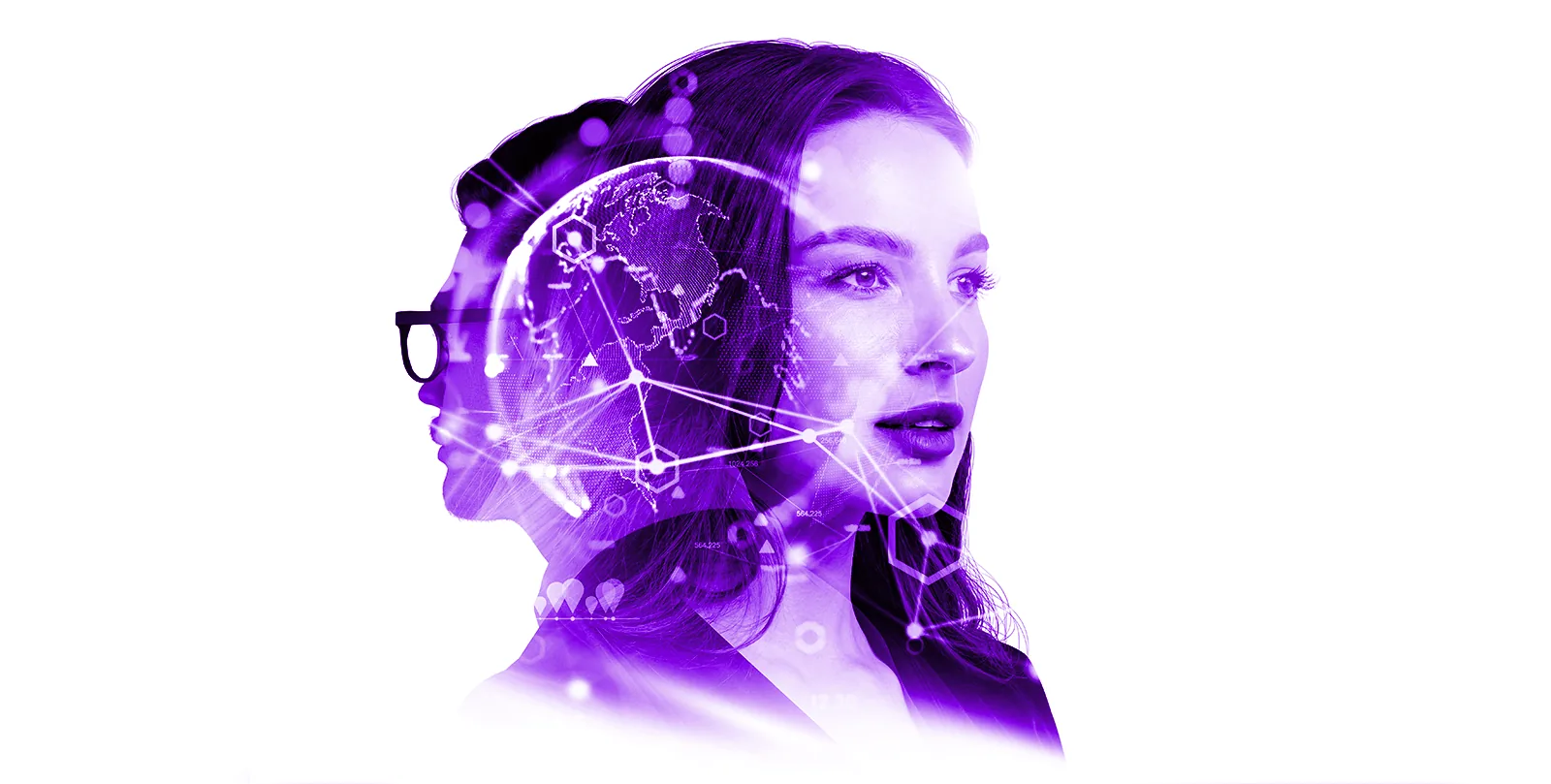 Silueta de una persona con ciudad y conexiones digitales, rodeada de íconos de seguridad, nube e inteligencia artificial